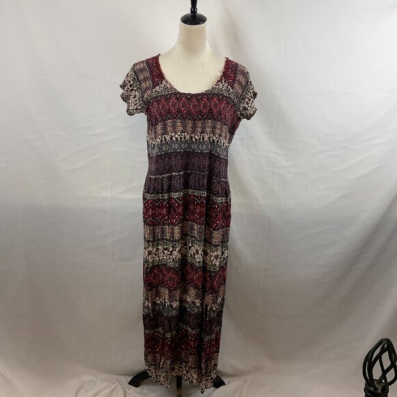 Soft Surroundings Smocked Dress 1X Maroon Cream Blue Mandala Print Short Sleeve - Picture 1 of 16